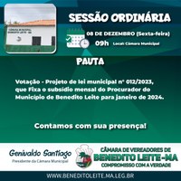Pauta da Sessão Ordinária do dia 08 de dezembro de 2023