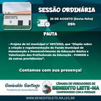 Pauta da Sessão Ordinária do dia 25 de agosto de 2023
