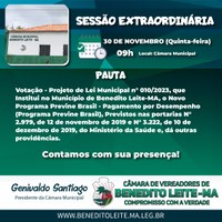 Pauta Sessão Extraordinária do dia 30 de novembro de 2023